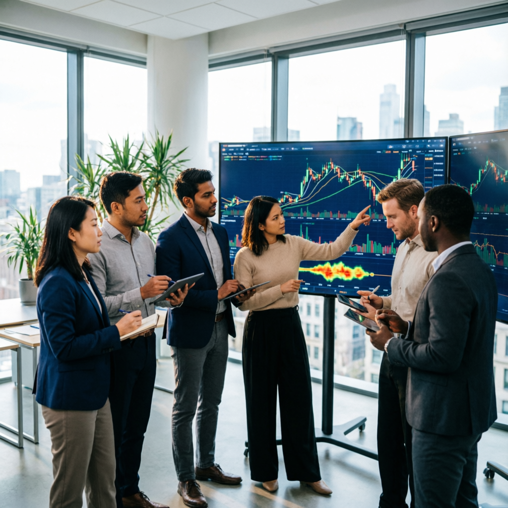 Professional team of forex traders analyzing prop firm challenges and account management strategies