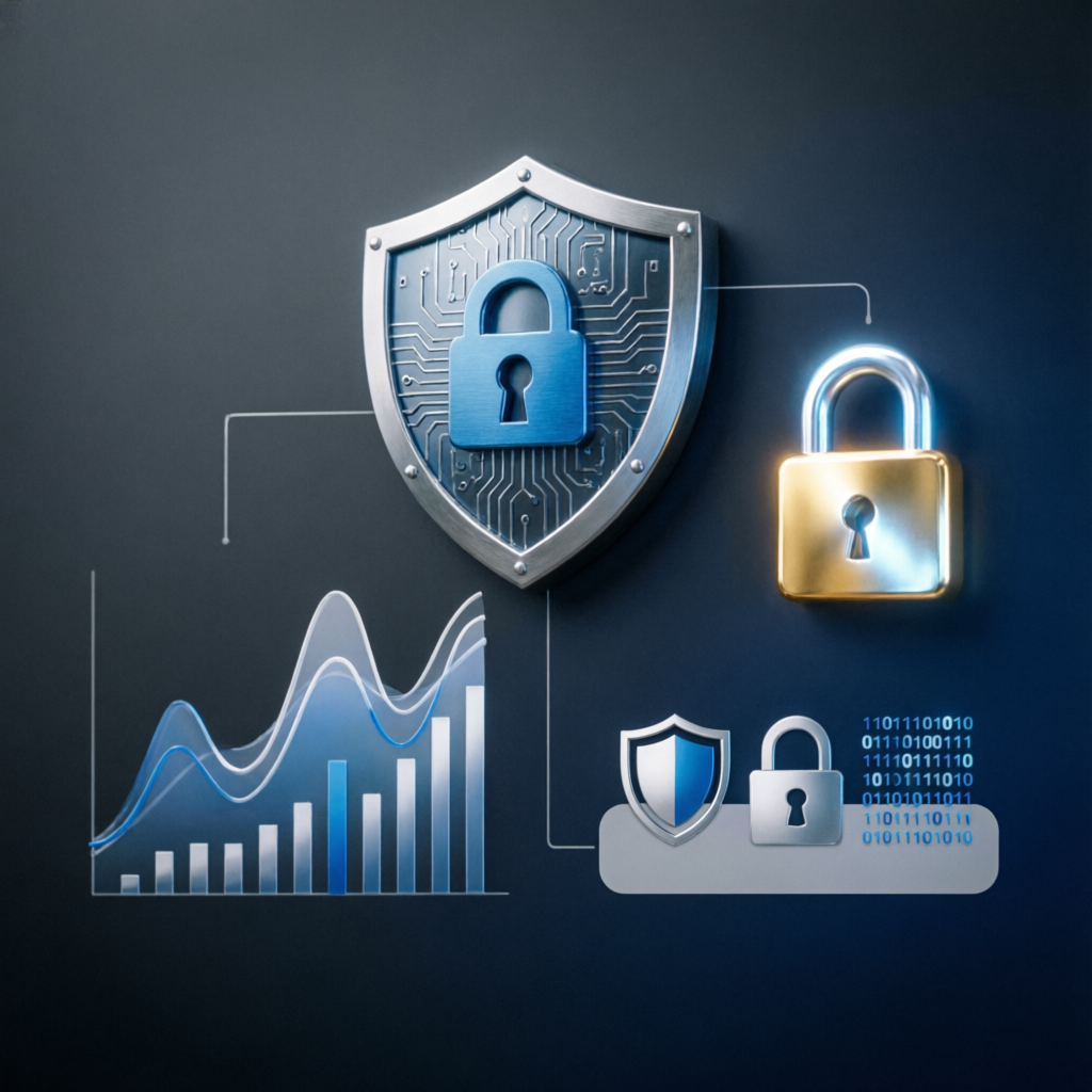 Risk management and security concept with shield and lock protecting financial data