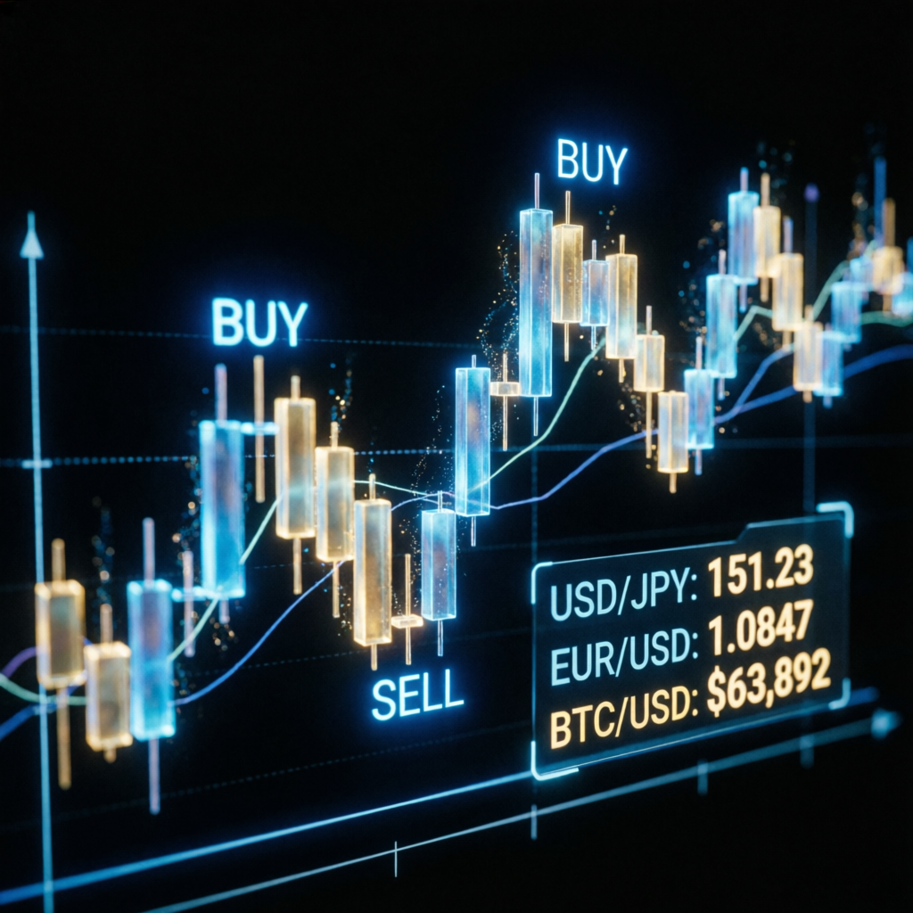 Holographic forex trading chart showing buy and sell signals with currency pair prices