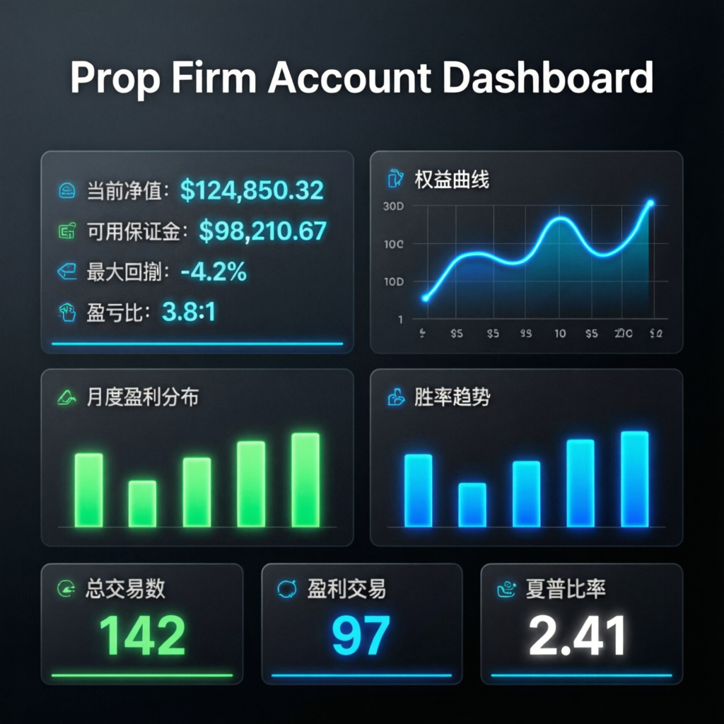 Prop Firm Account Dashboard showing trading performance metrics and equity curve