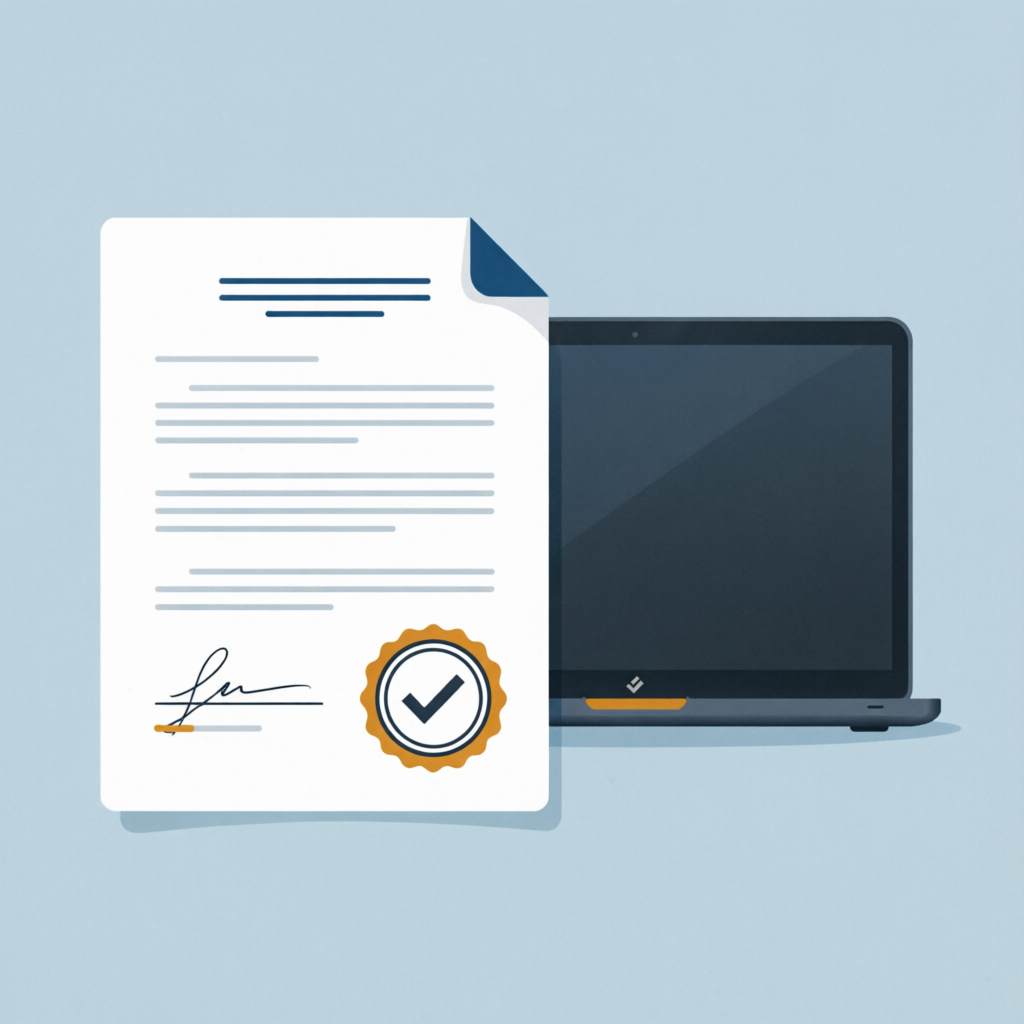 Ilustração de contrato com selo de aprovação ao lado de um notebook