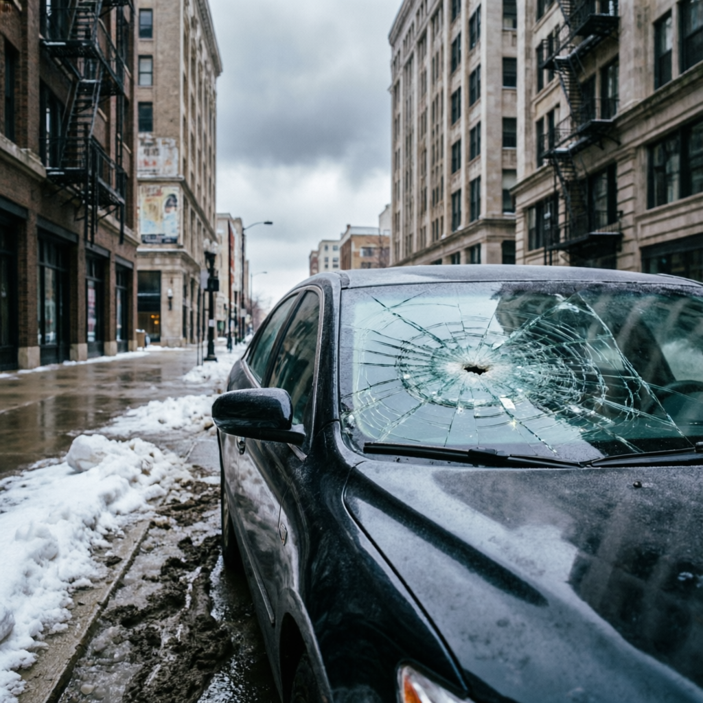 Cracked car windshield on a sedan parked on a Chicago city street with urban buildings in background