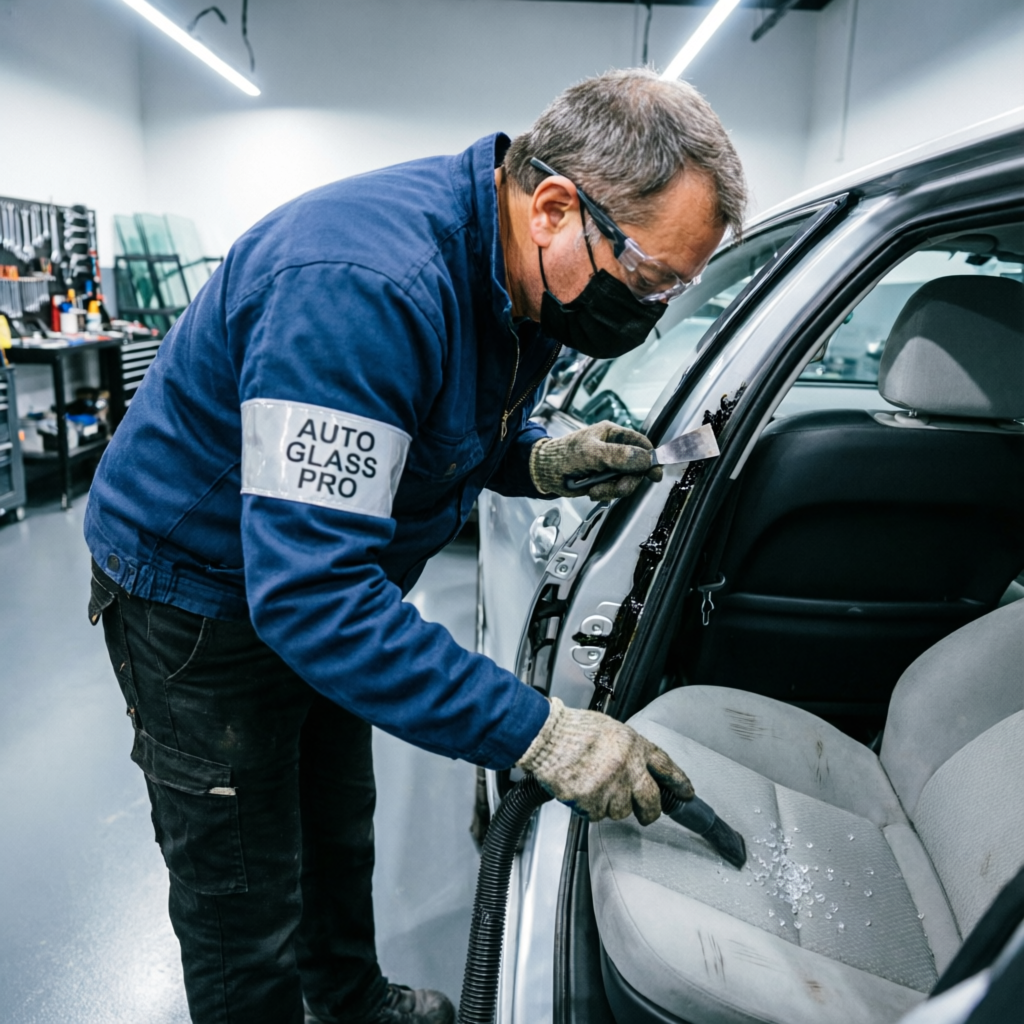 Auto glass technician cleaning shattered glass from a car door frame and interior seat
