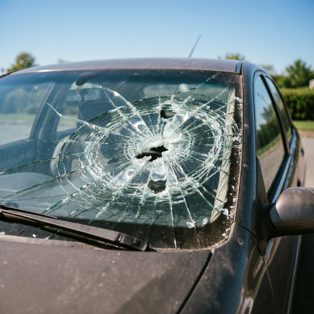 Damaged cracked car windshield showing spider web cracks from road debris