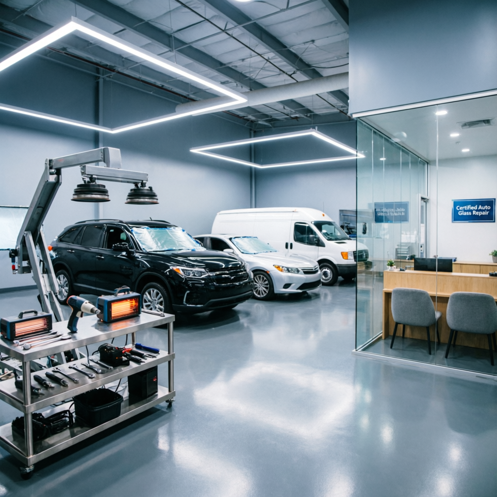 Modern auto glass service center interior with multiple vehicles being serviced