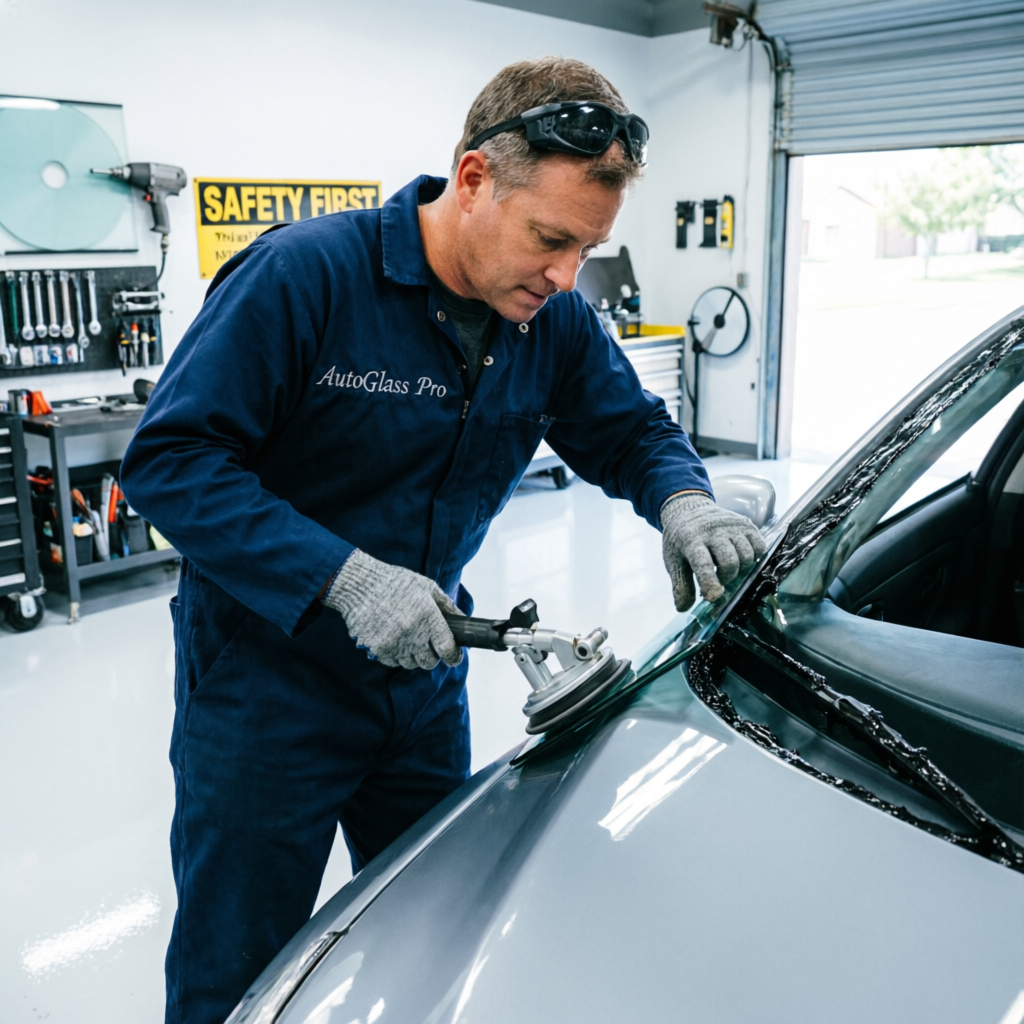 Professional auto glass technician replacing a car windshield in a well-lit US auto repair shop
