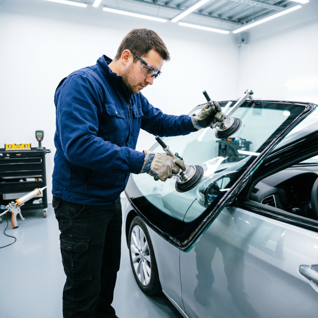 Professional auto glass technician installing vehicle windshield replacement