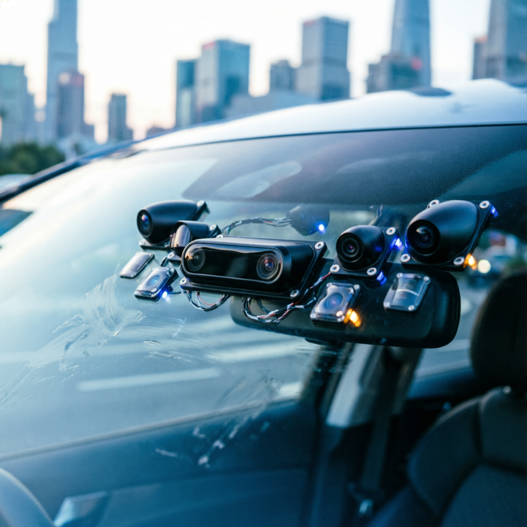 Close up view of modern car windshield sensors and cameras mounted behind the rearview mirror