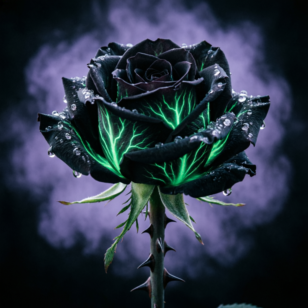 black rose with glowing green veins and dew on its petals
