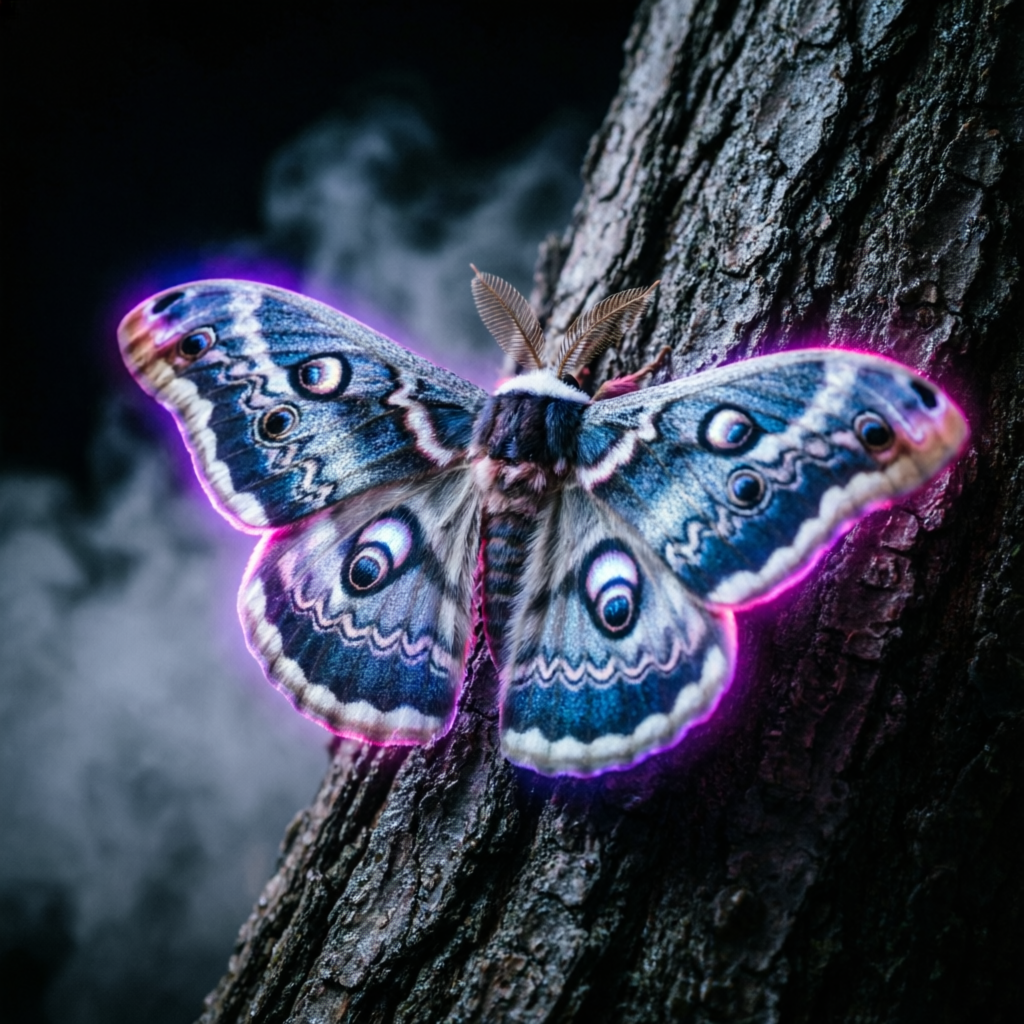 large moth with eye patterns on its wings edged in neon magenta light