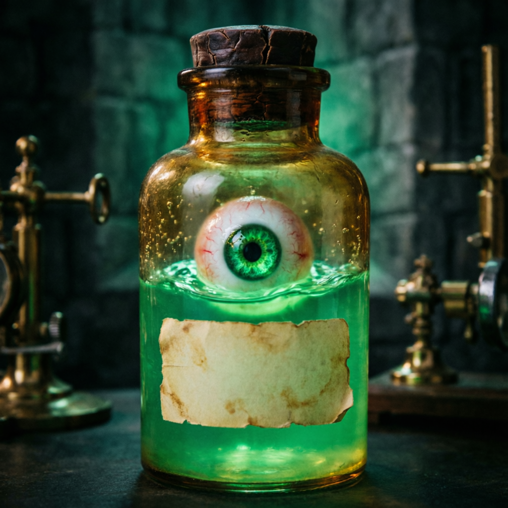 glass specimen jar with a glowing green eye floating in luminous liquid