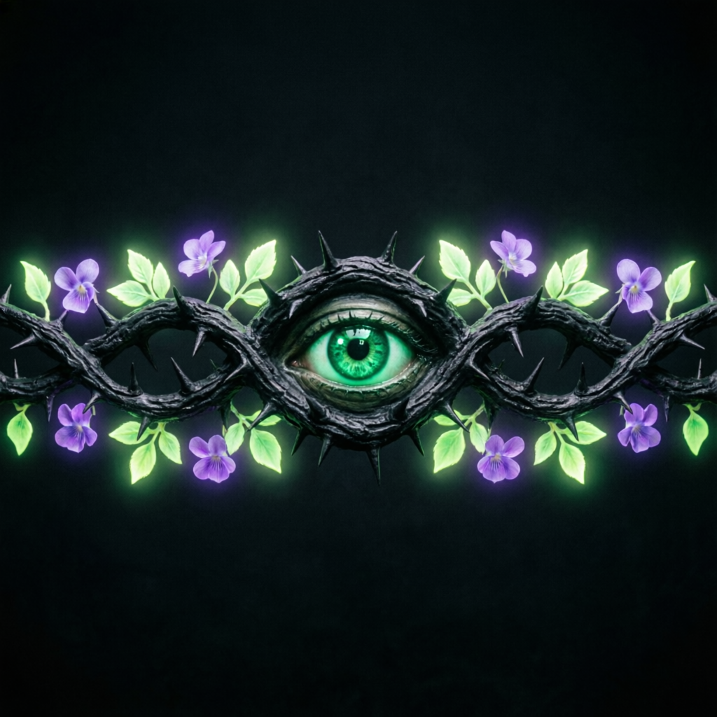 ornamental thorny vine divider with a single glowing green eye at its center