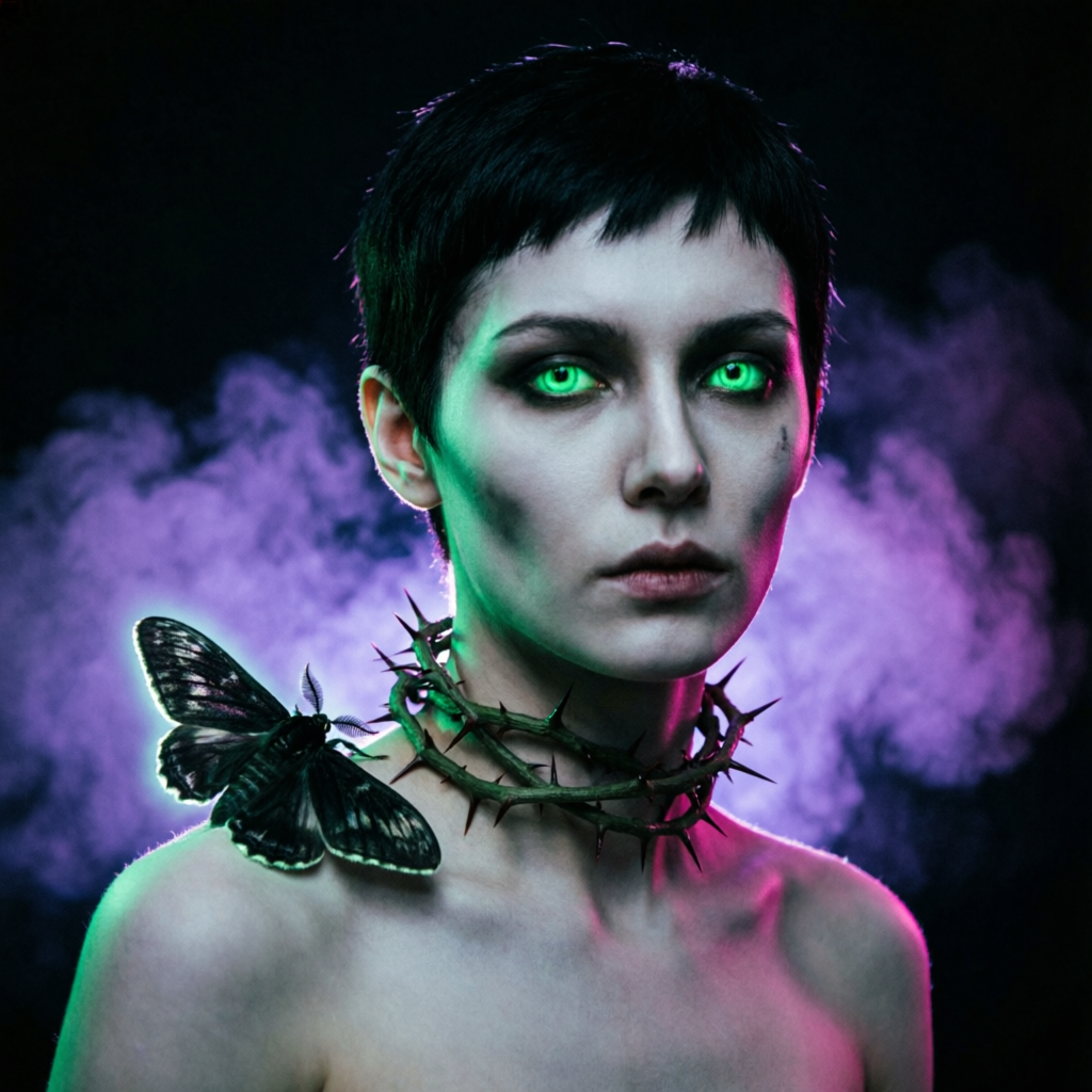 portrait of a pale figure with glowing green eyes, a black moth on the shoulder, and a choker of thorns