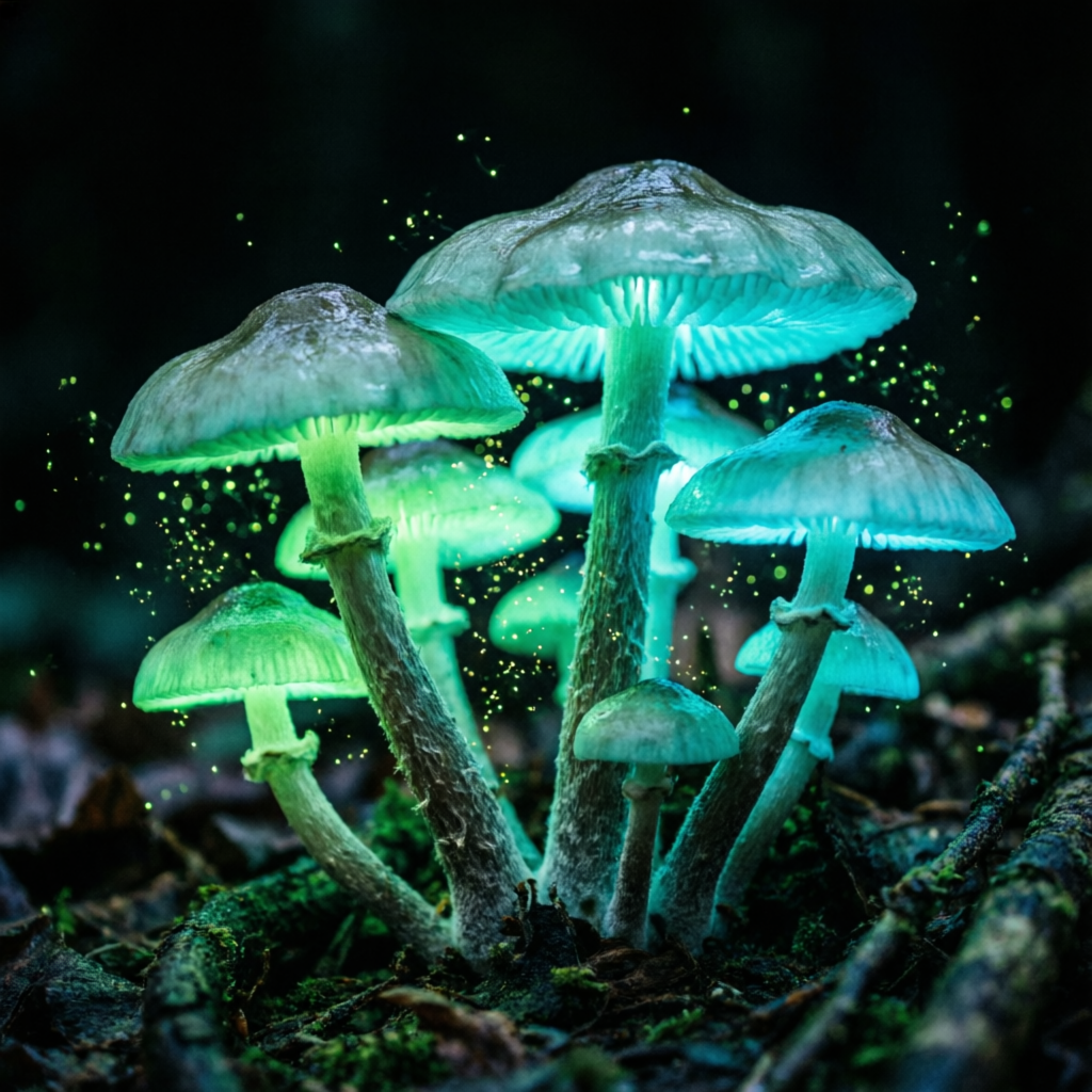 cluster of bioluminescent mushrooms glowing green and cyan on a dark forest floor