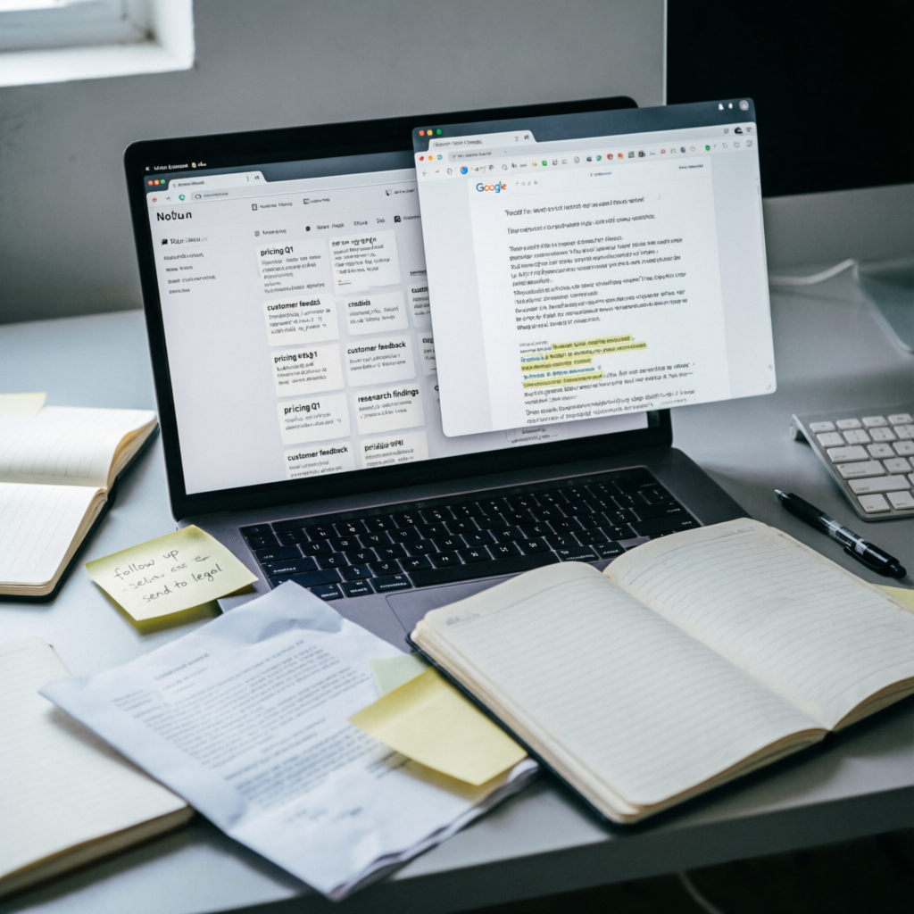 Messy workspace with multiple overlapping windows and scattered notes