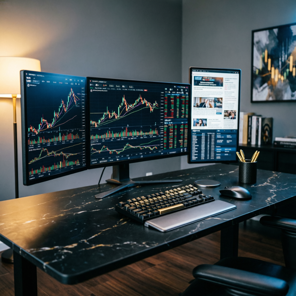 Luxury Trading Workstation Setup with Multiple Monitors