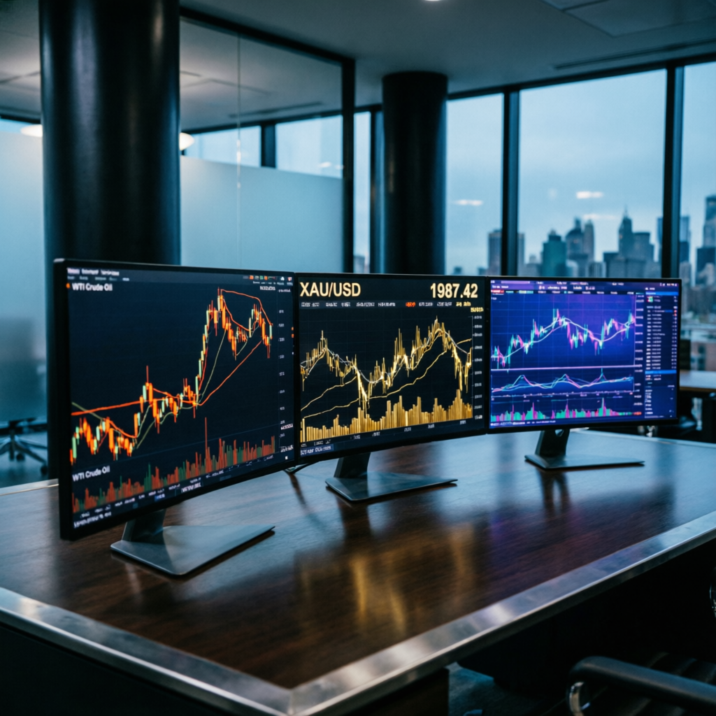 Multiple monitors showing futures trading charts for different instruments