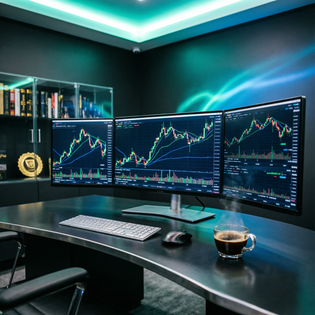 Professional trading setup with multiple monitors for futures trading