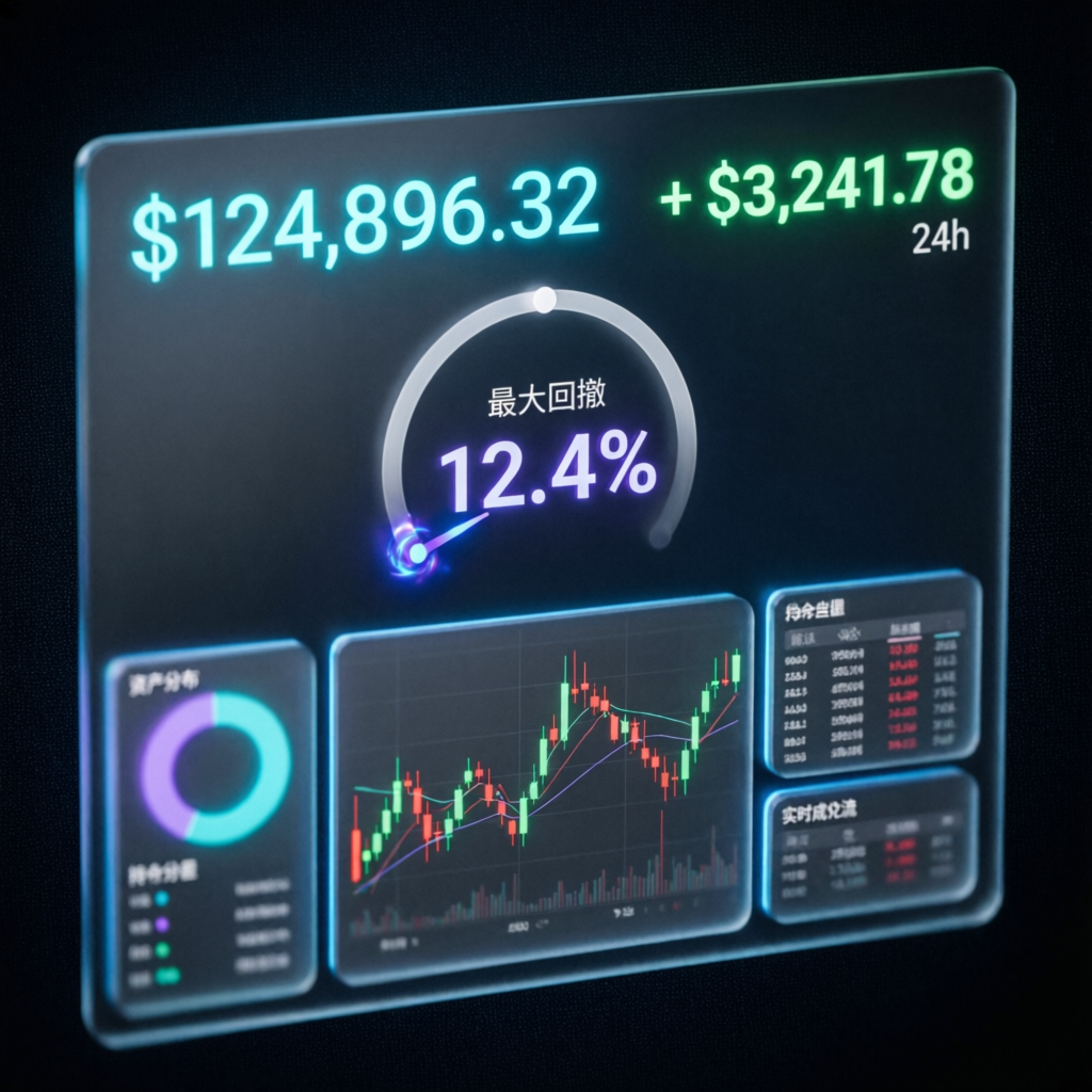 Premium trading dashboard showing account balance, drawdown meter, and profit metrics