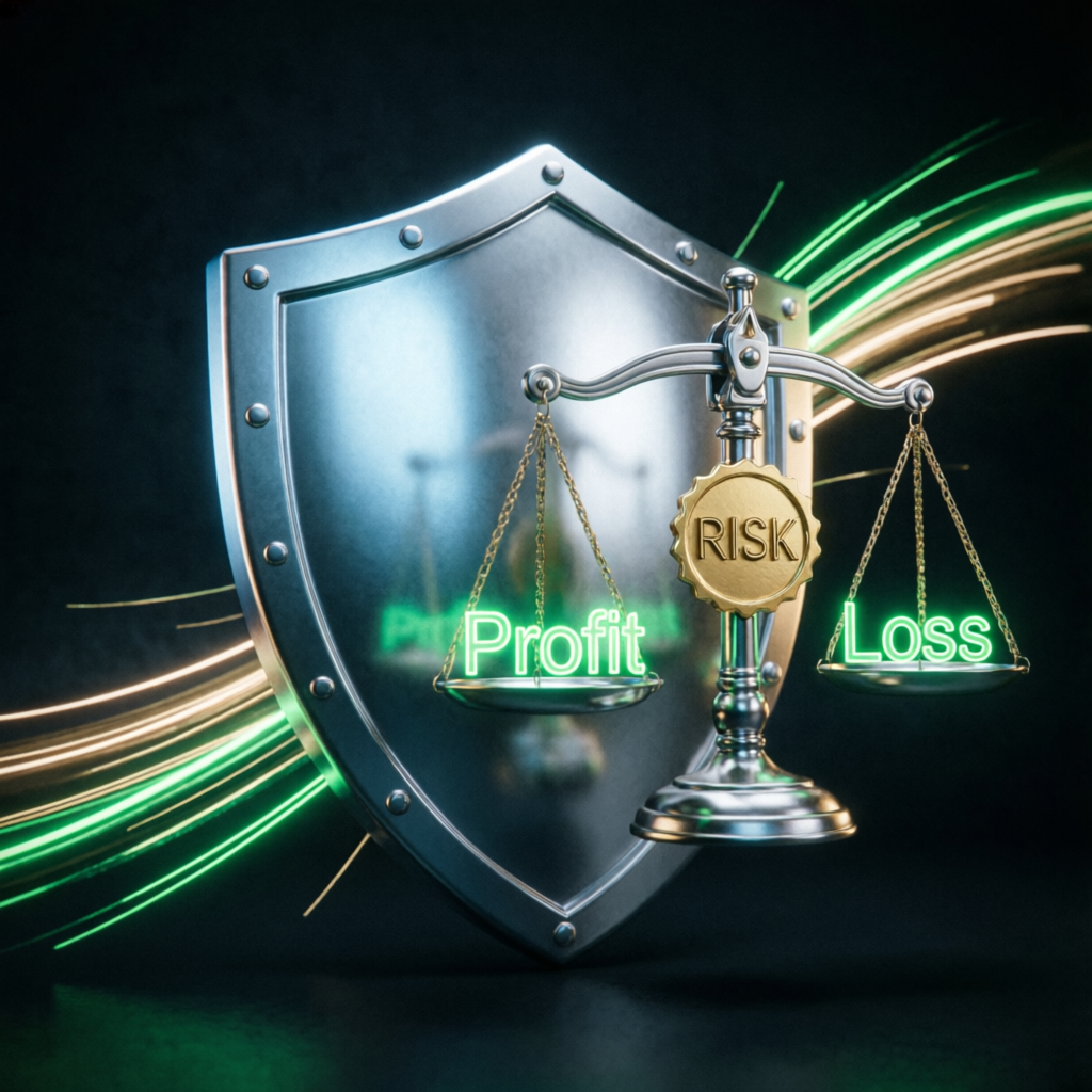Risk management concept showing balance between profit and loss with shield protection