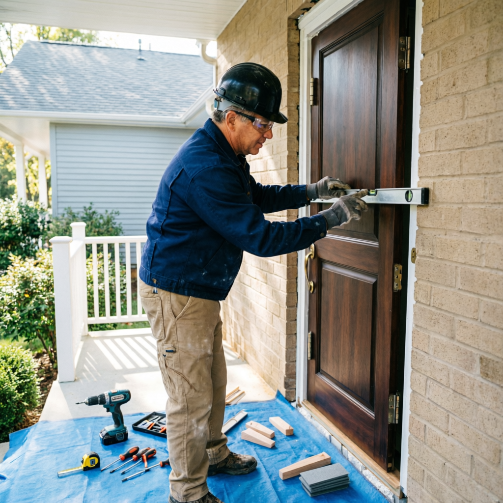 Professional contractor installing front door