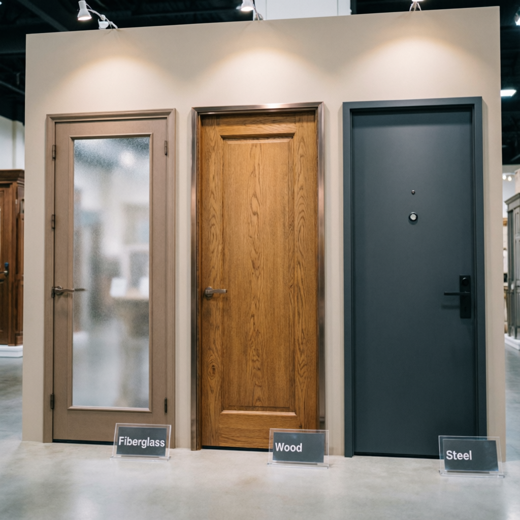 Fiberglass, wood, and steel door material comparison