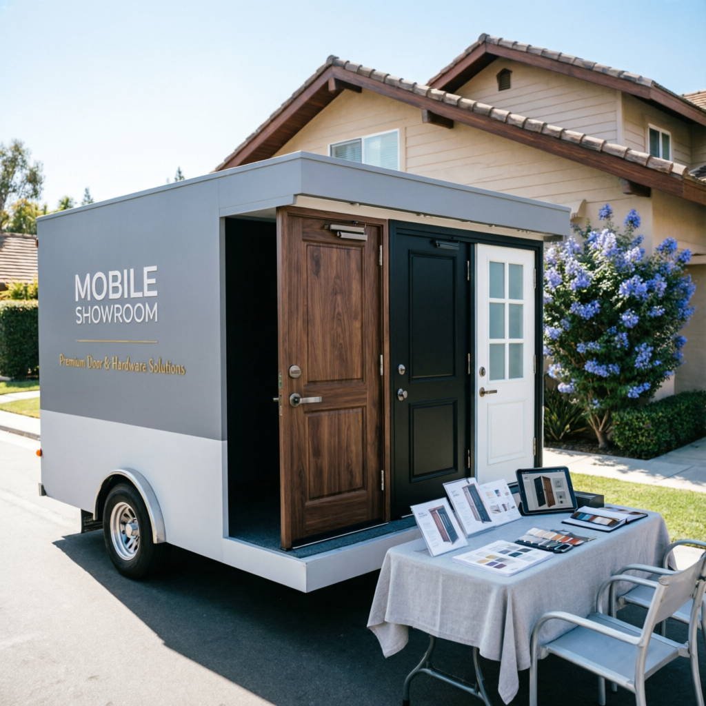 Mobile showroom with door samples at homeowner driveway