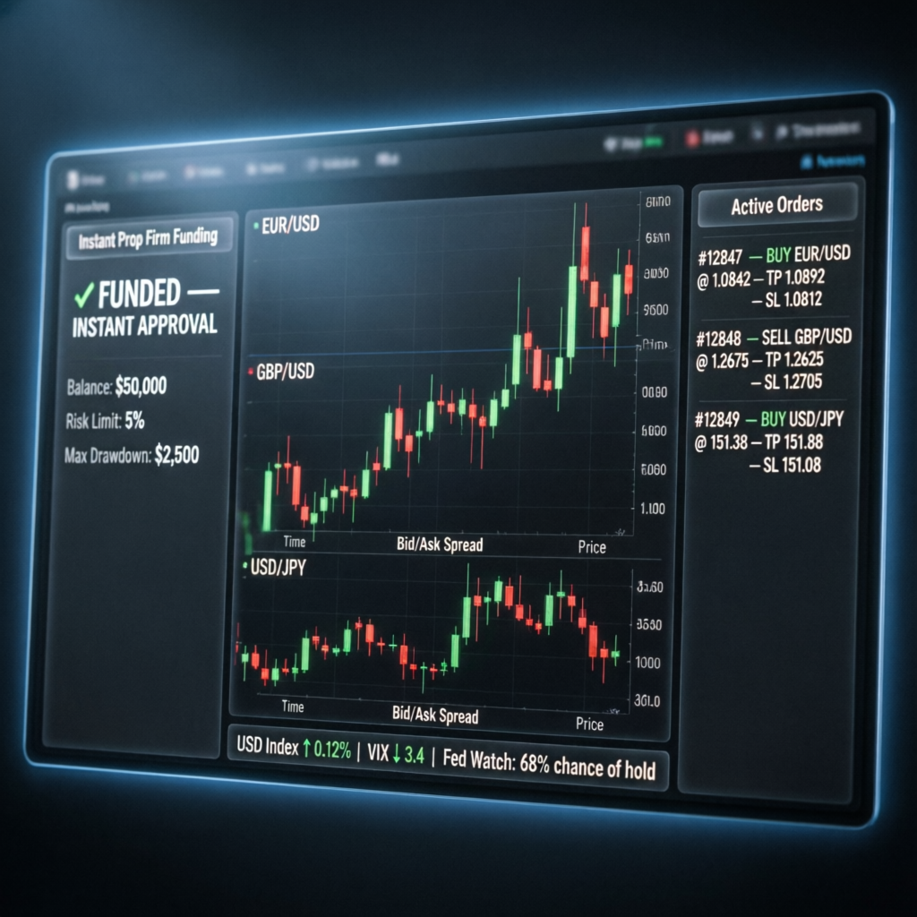 Professional trading dashboard representing instant funding account management service