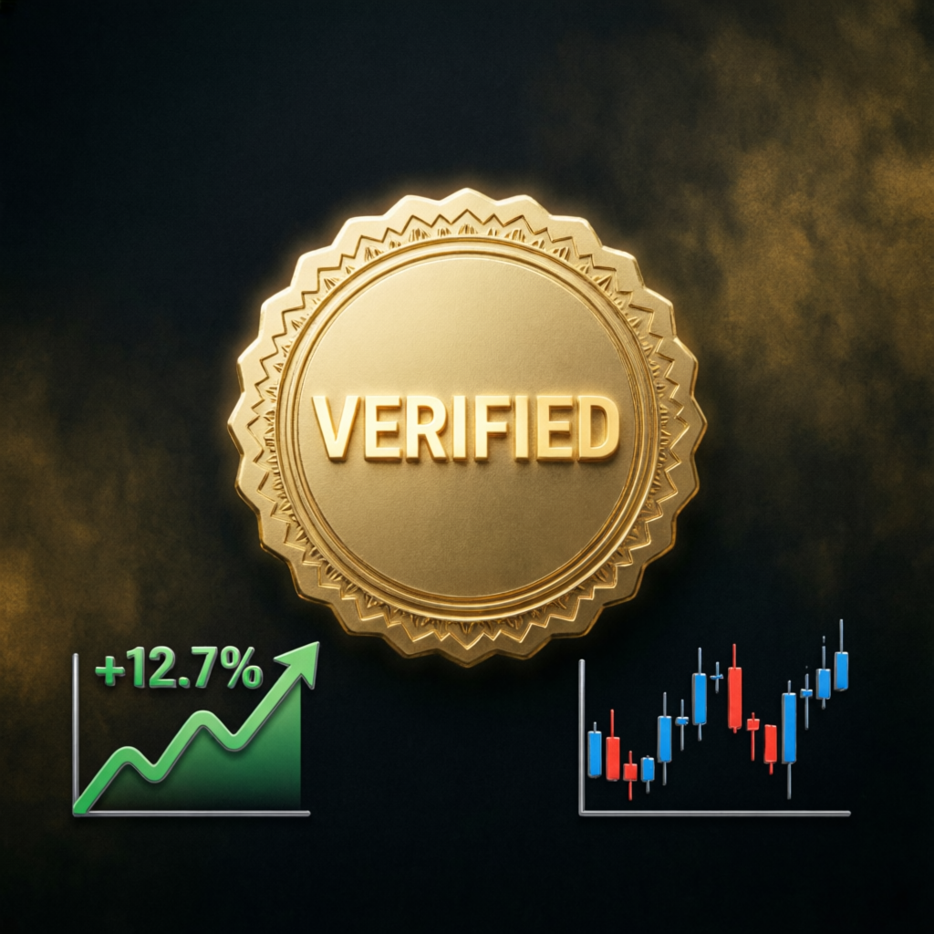Verified badge with trading charts showing profit