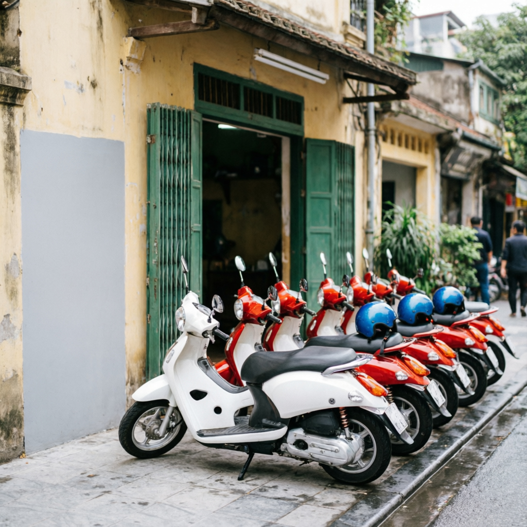 Row of scooters parked in front of a small Hanoi rental shopfront