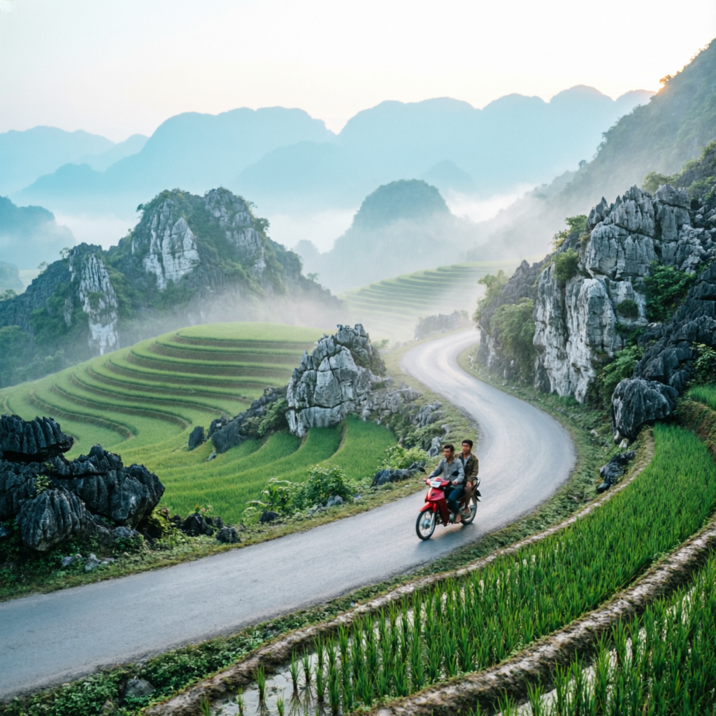 Motorbike on a winding mountain road in northern Vietnam