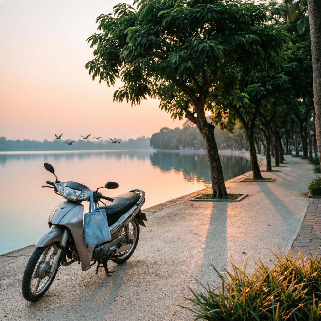 Scooter parked on the West Lake promenade in Hanoi at dusk