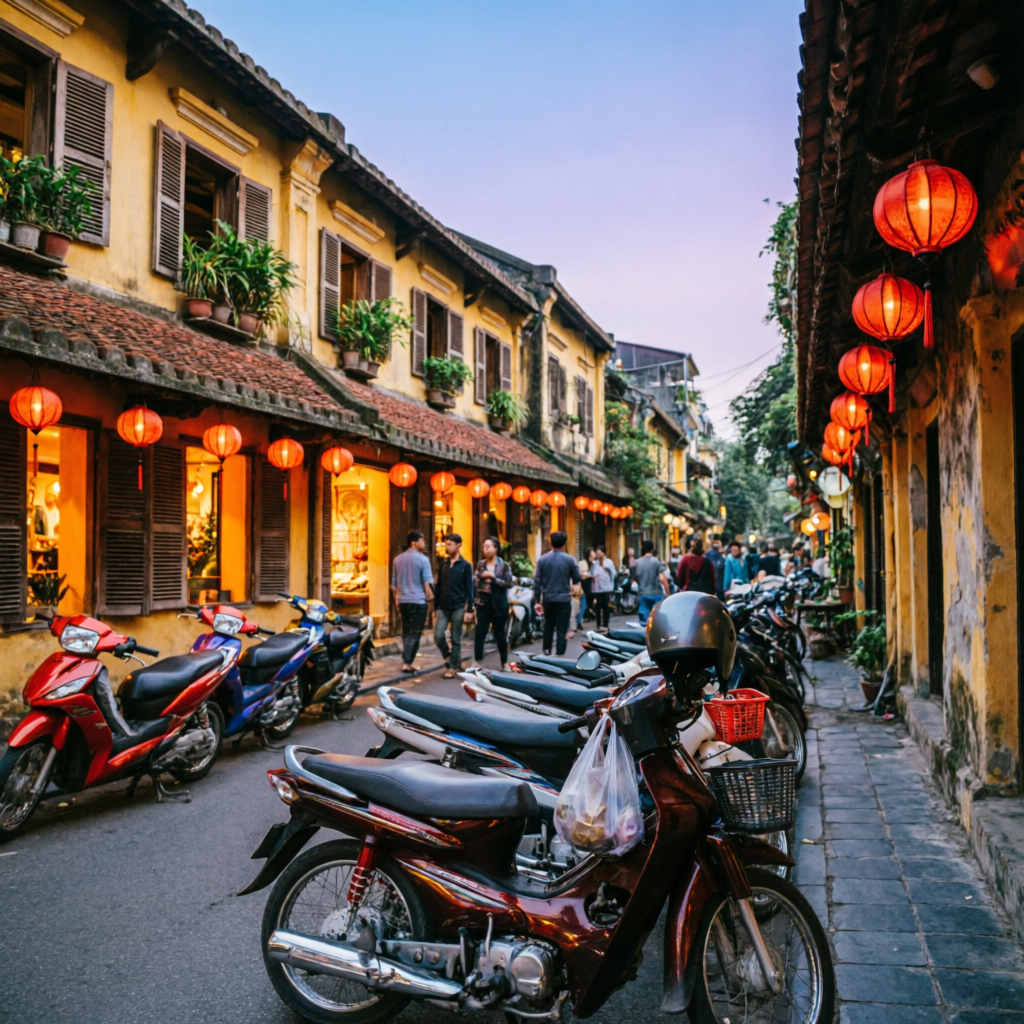 Scooters parked along a lantern-lit street in Hanoi Old Quarter