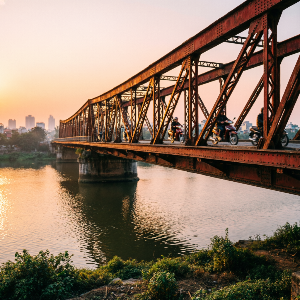 Motorbikes crossing Long Bien Bridge over the Red River at sunset