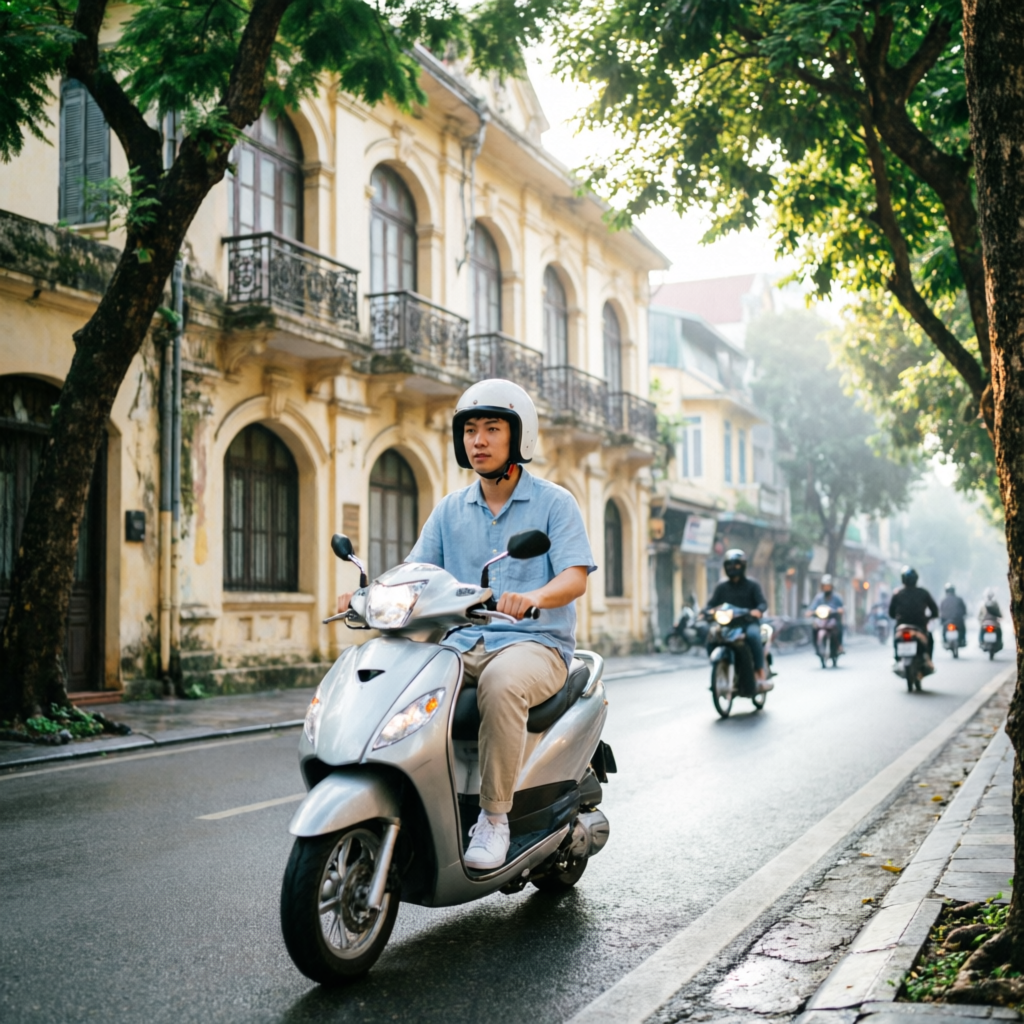 Rider on a silver scooter on a tree-lined street in Hanoi