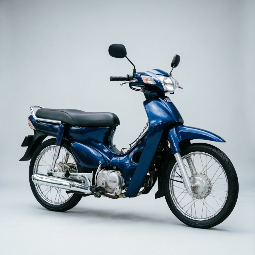 Blue Honda Wave manual underbone motorbike, side view