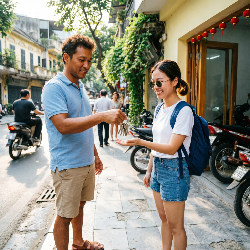 Rental staff handing scooter keys to a traveller on a Hanoi sidewalk