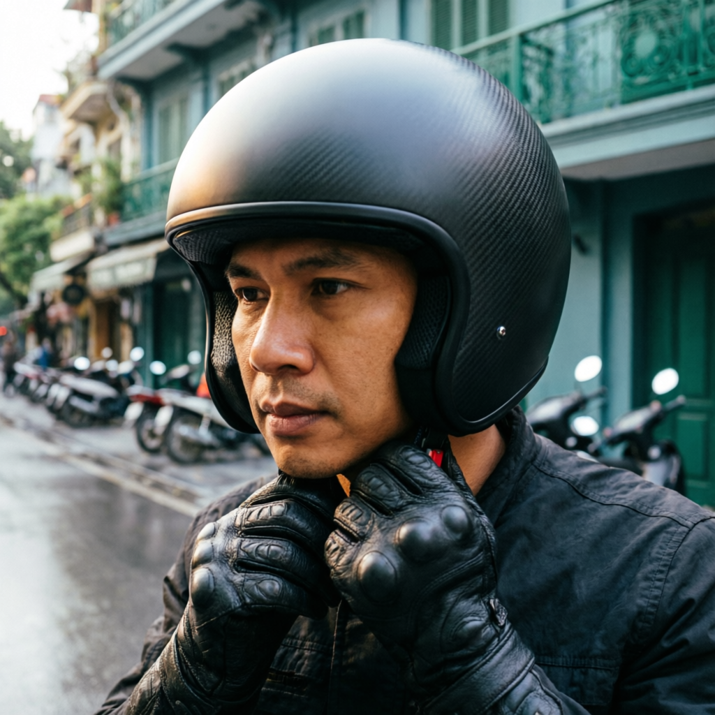 Rider fastening a motorcycle helmet before riding in Hanoi