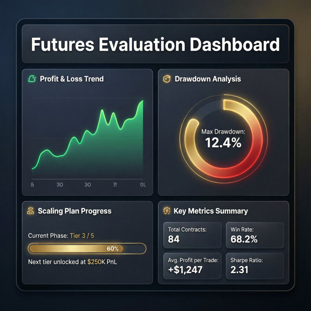 My Funded Futures Evaluation Dashboard showing profit and loss trend, drawdown analysis, and scaling plan progress