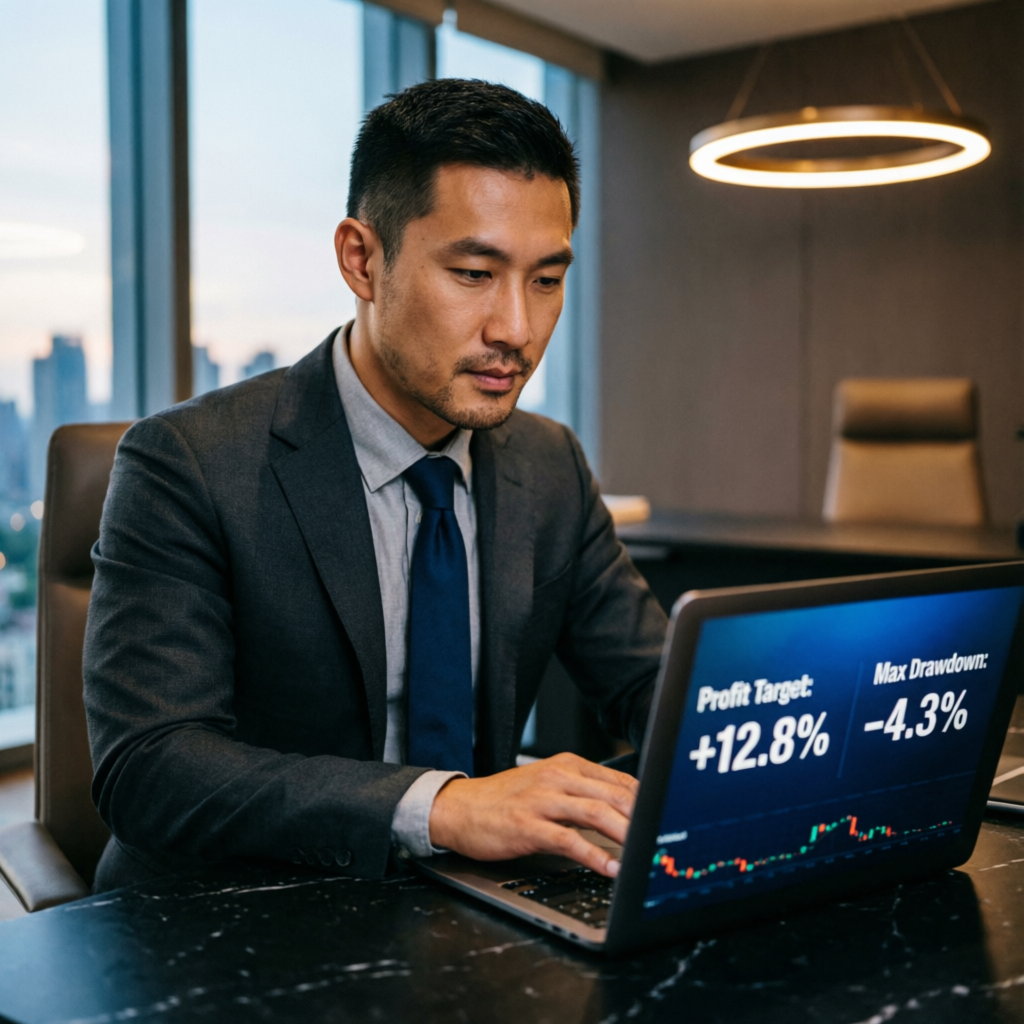 Trader analyzing profit target and drawdown metrics for My Funded Futures consistency compliance