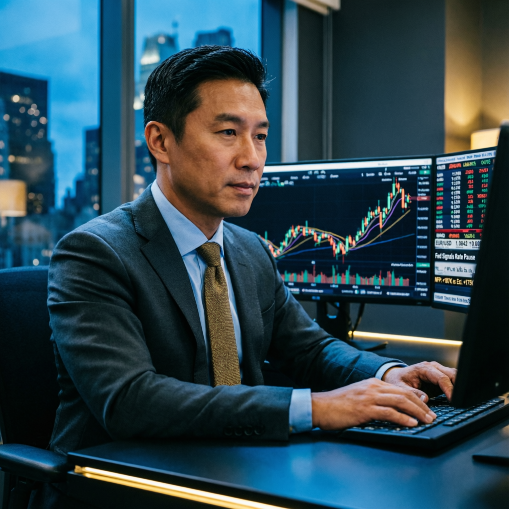 Professional futures trader analyzing My Funded Futures evaluation charts on multiple monitors