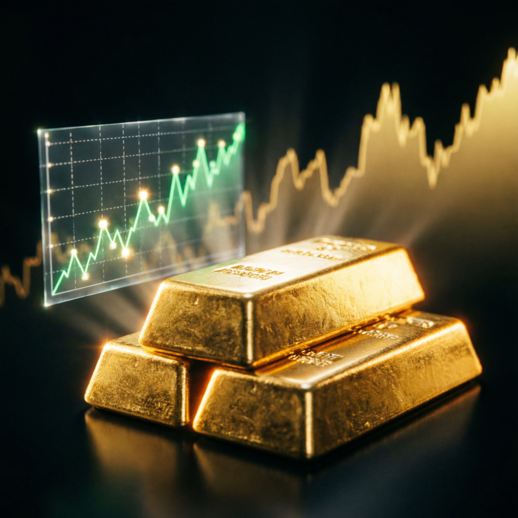 Gold bars with trading chart showing financial growth and prop firm success