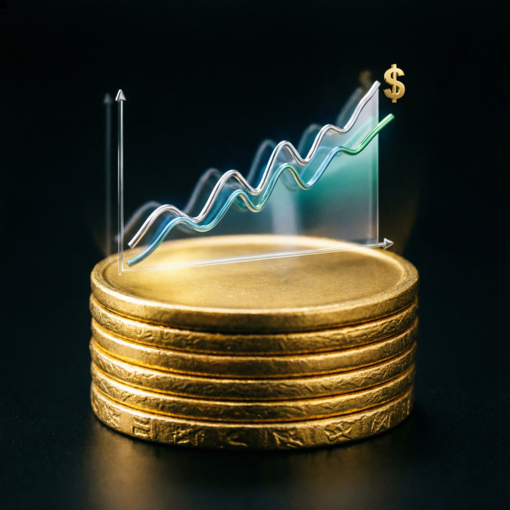 Gold coins with trading chart overlay representing financial growth and funded account success