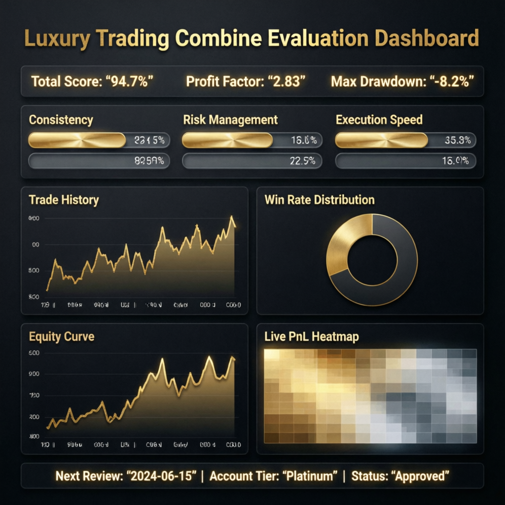 Luxury Trading Combine Evaluation Dashboard showing performance metrics and risk management