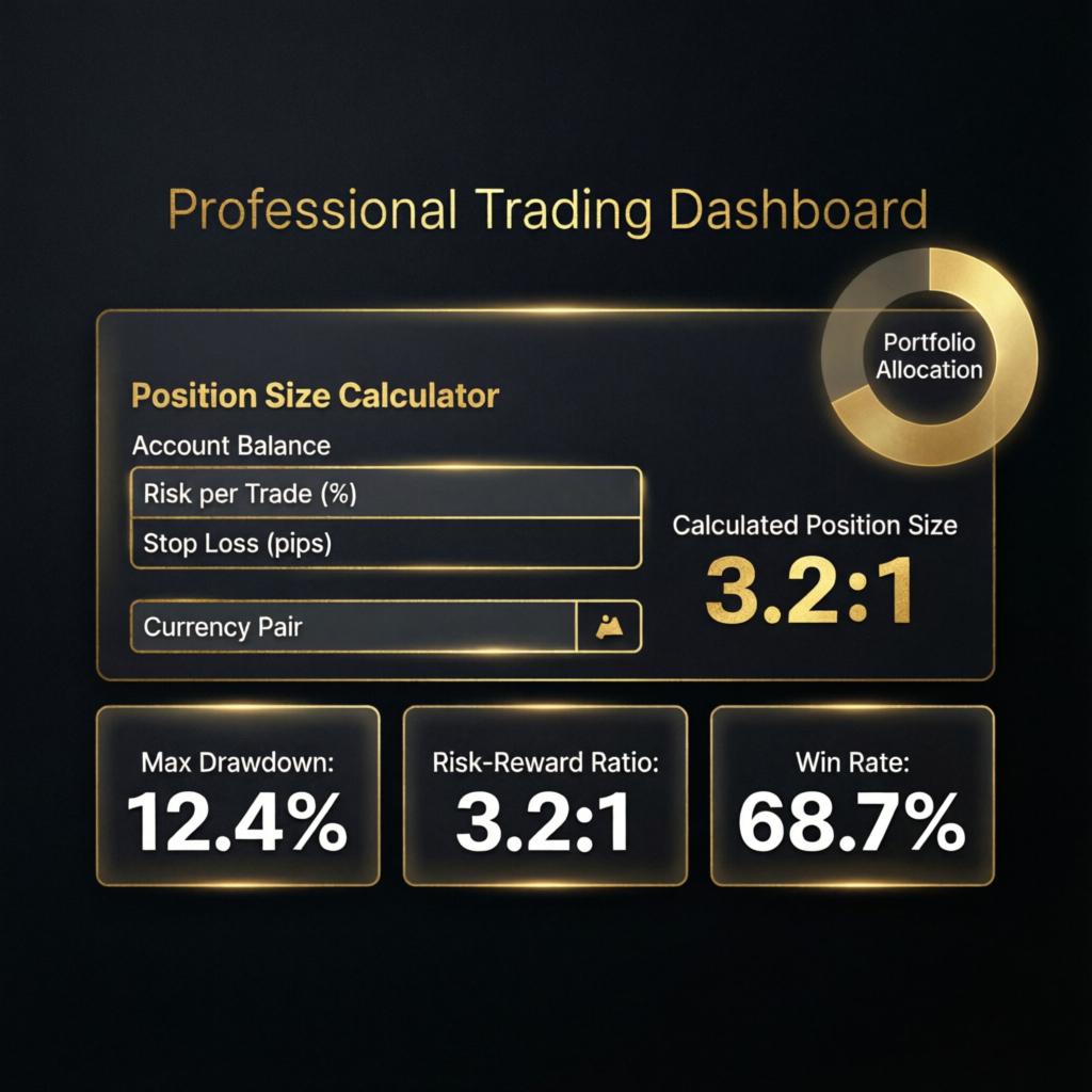 Professional Trading Dashboard showing Position Size Calculator with risk metrics for Topstep funded accounts