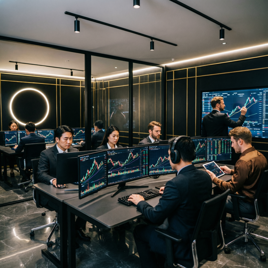 Professional forex trading team in modern office with multiple screens