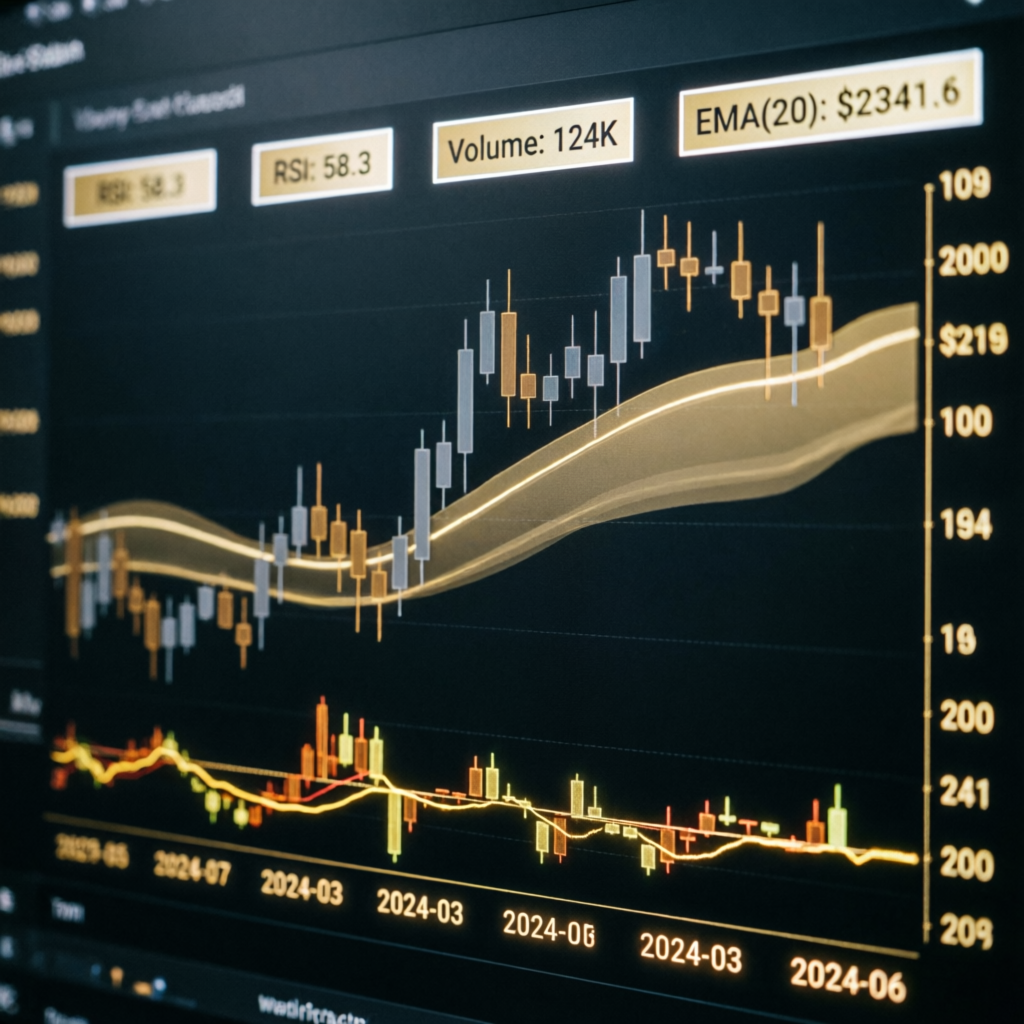 Gold futures candlestick chart with technical indicators showing Topstep trading analysis