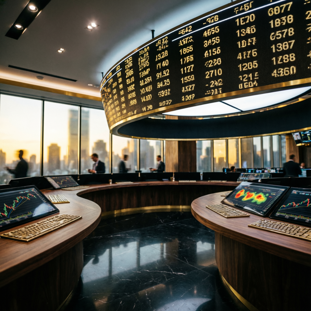 Futures trading floor with digital displays showing professional trading environment