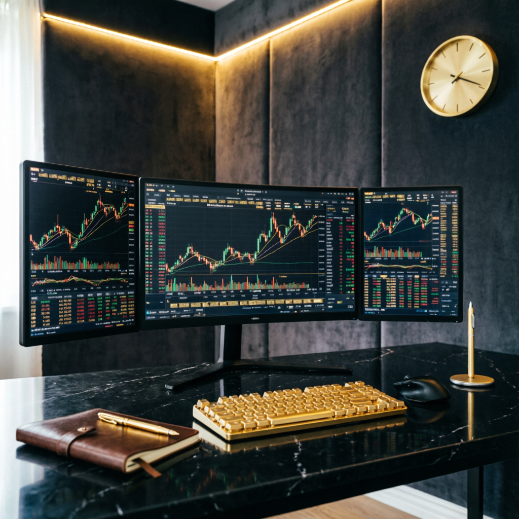 Elite trading setup with triple monitor display showing futures markets and analytics