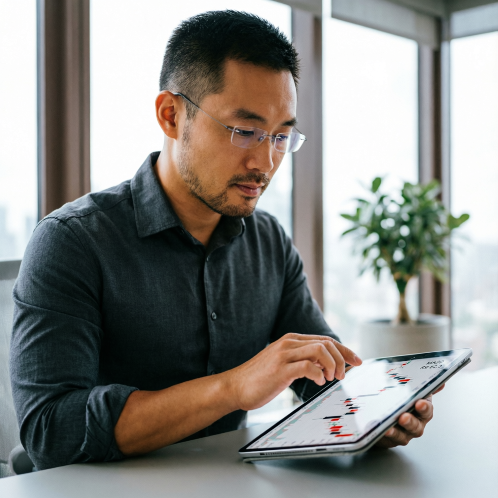 Professional trader analyzing charts for funded futures evaluation